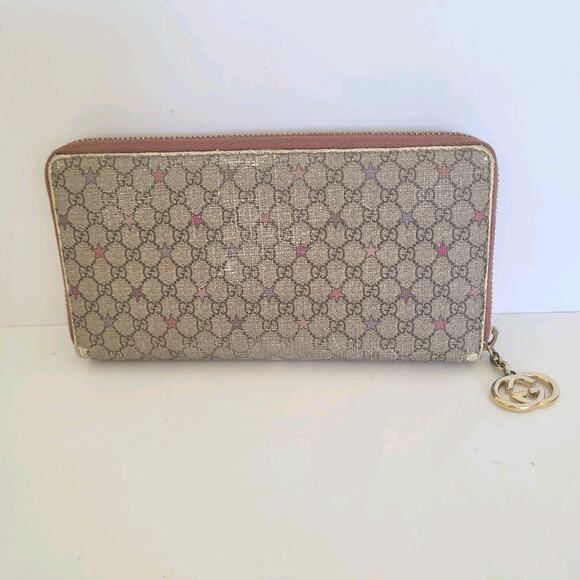 Gucci Micro GG Supreme Star Zippy Wallet Large Interlocking Charm Gray Pink Logo - Picture 2 of 12